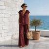2026 Cross-border European and American romantic French light luxury vacation ruffle V-neck top and loose wide-leg pants set