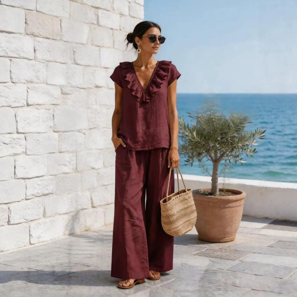 2026 Cross-border European and American romantic French light luxury vacation ruffle V-neck top and loose wide-leg pants set