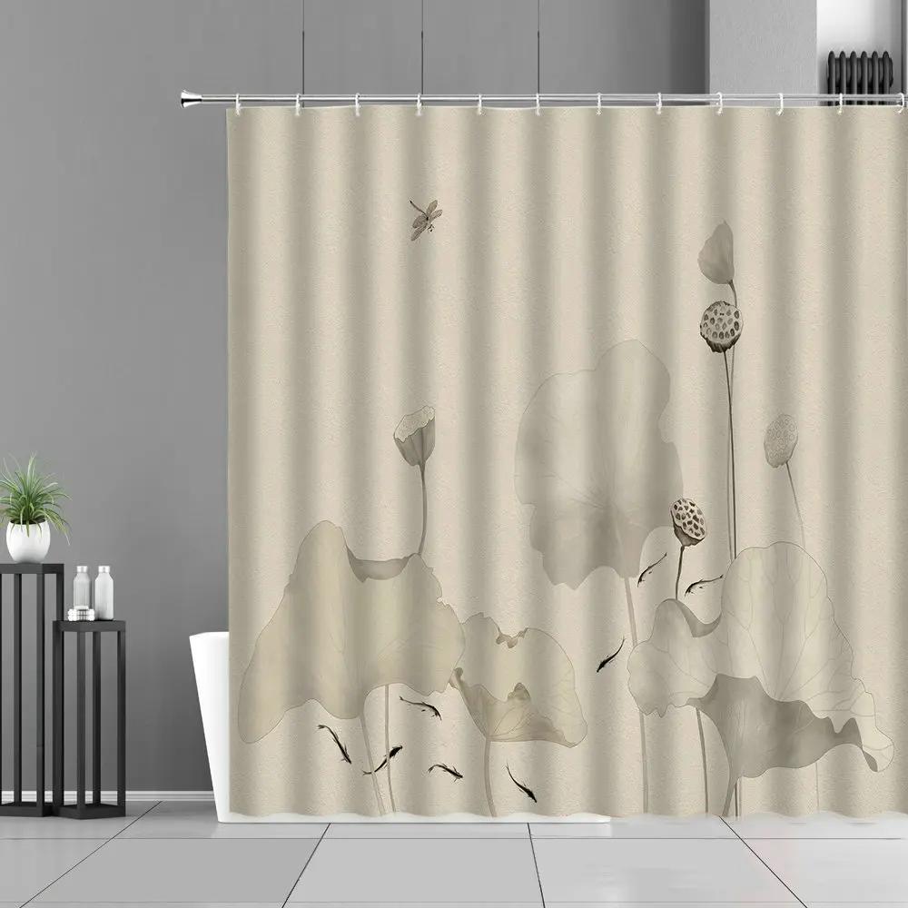 Waterproof Ink Painting Bamboo Leaves Bird Shower Curtains, Mountain Water Plant Landscape, Bathroom Curtain, Home Decor
