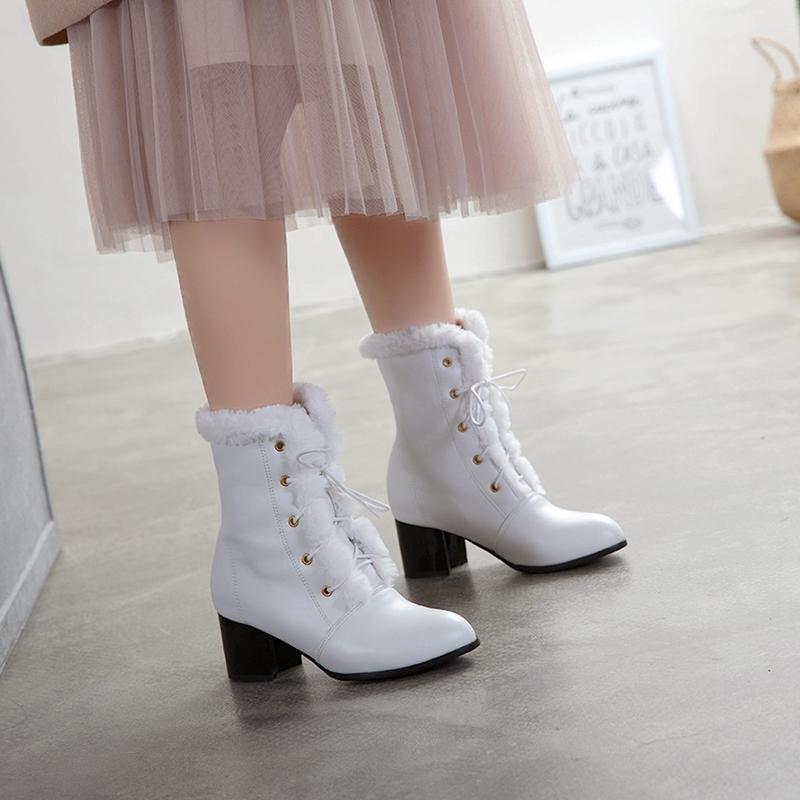 Fashion 2025 Autumn Winter Fur Women Ankle Boots Quality Solid Lace-up Ladies Shoes Fashion Square High Heels Boats Botines Mujer 33