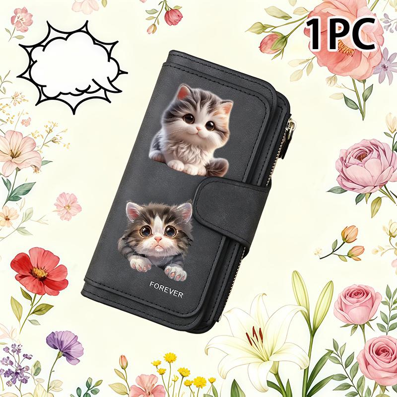 1PC Cute Cat Women's Long Wallet Multi-functional Wallet Portable Snap Button Coin Purse Ideal Gift for Cat Lovers Daily Commute Outdoor Travel Home