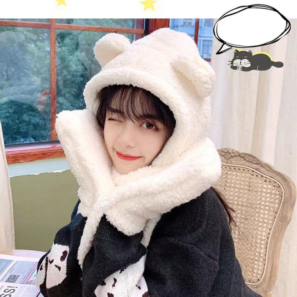 3-in-1 Hat Scarf Gloves Set For Women Cute Bear Mask Hat Winter Warm Double Layered Thickened Accessories