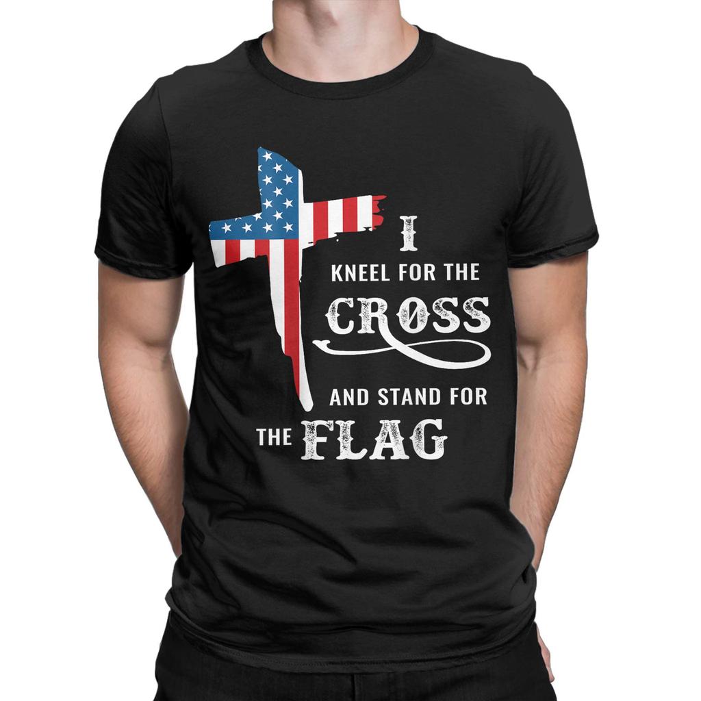 Novelty Stand For The Flag Kneel For The Cross T-Shirt Men Pure Cotton T Shirt Veteran's Day Short Sleeve Tee Shirt Merchandise