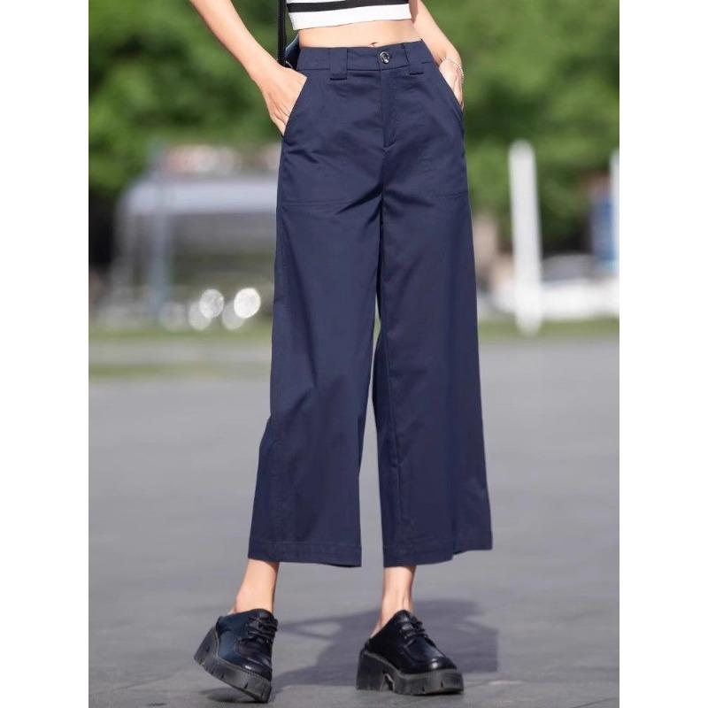 

Теннисные брюки широкие для женщин на лето тонкие с высокой талией прямые маленькие восьмиточечные свободные повседневные девятиточечные брюки S темно-синий