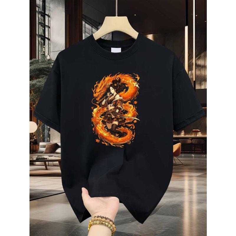 European sizes Fire Dragon Samurai Men s Cotton TShirt Flaming Warrior and Dragon Print Pattern Pure Cotton Premium Print Durable Casual Fashion S чёрный