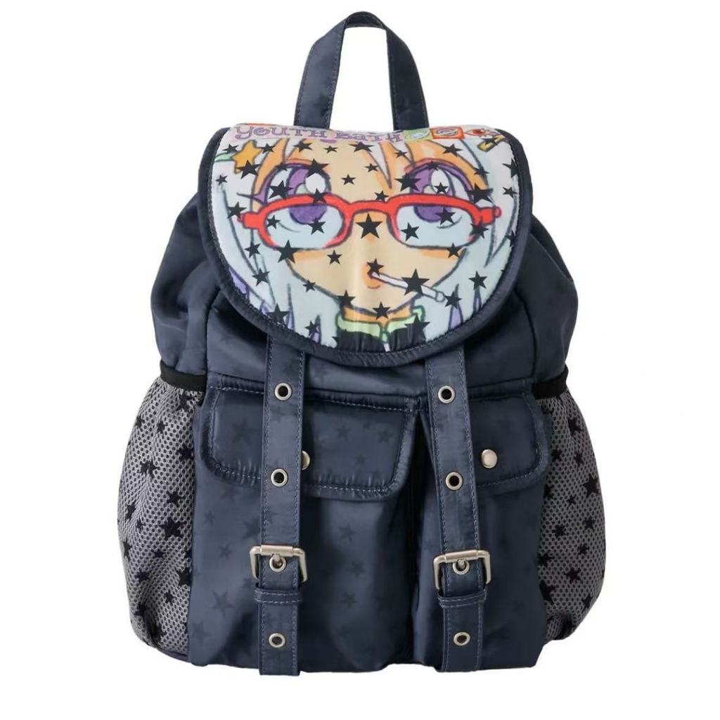 Star Cartoon Print Nylon Backpack With Waterresistant Design For Students And Casual Use
