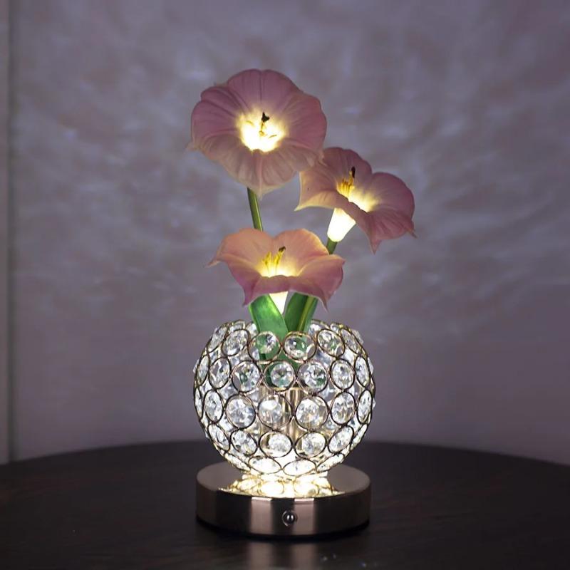 USB Rechargeable Morning Glory Crystal Flower Table Lamp 3 Color Dimmable LED Night Light Romantic for Bedroom Bedside Decor