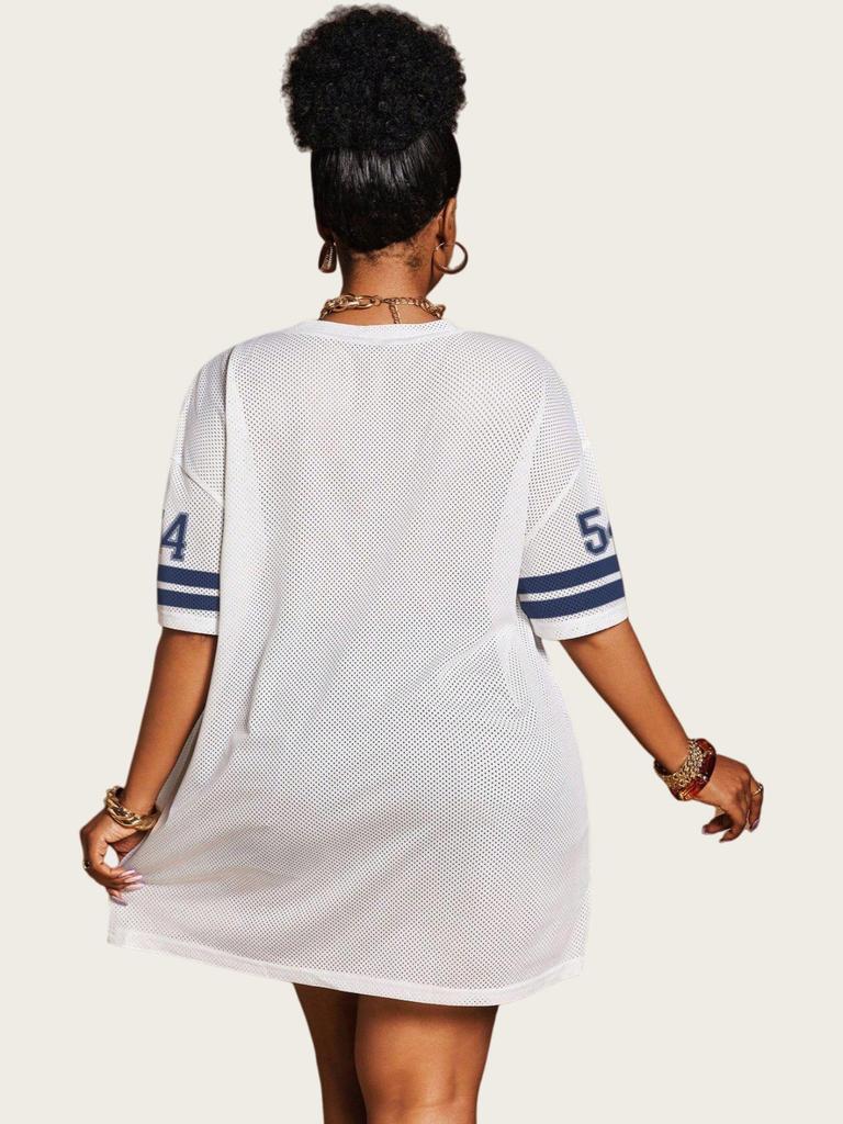Women's Loose V-Neck Sporty Mesh T-Shirt with Digital Print