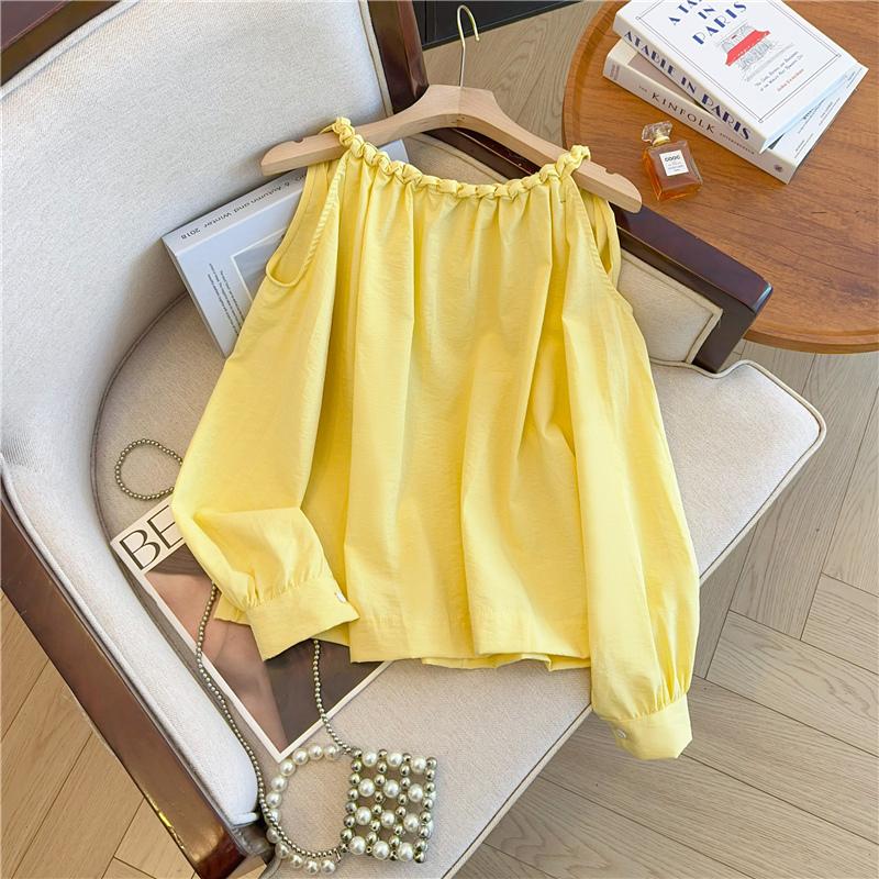 

Элегантная женская блузка с открытыми плечами и длинным рукавом, весна-лето, женская новая плиссированная рубашка, женская новая мода, свободный повседневный простой топ 3131 One Size жёлтый