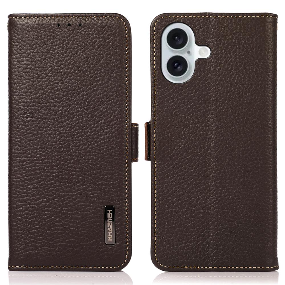 

KHAZNEH For iPhone 16 Plus Wallet Case RFID Blocking Genuine Cow Leather Phone Cover Brown