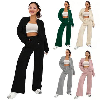 Dámský 2dílný outfit Podzimní mikina se zipem a dlouhým rukávem a široké kalhoty Tepláková souprava Neformální domácí oblečení