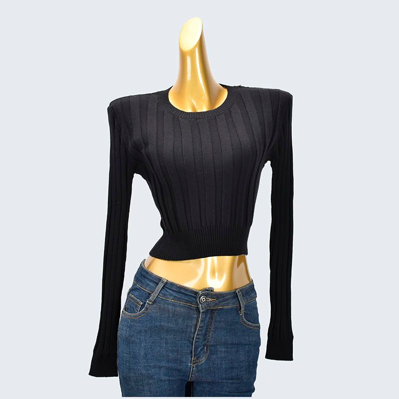 Export Cut Label Round Neck Short Long-Sleeved Knitting Bottoming Shirt Pullover Sunken Stripe Inner Wear Autumn Women's High Waist Crop Top