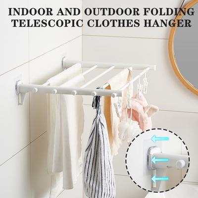 Folding Towel Rod With Sock Clip Wall Mounted Retractable Drying Racks Invisible Clothes Hanger Space Saving Non-Slip Hangers