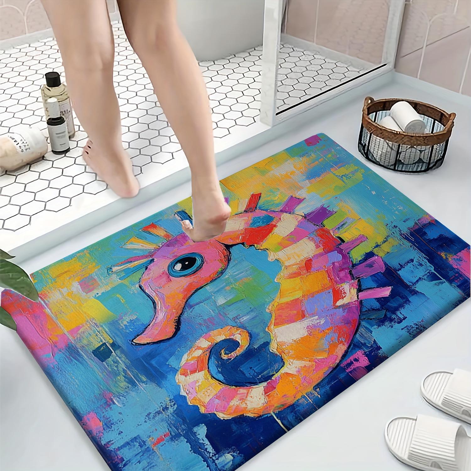 

Colorful Seahorse Printed Flannel Bath Mat With Artistic Paint Style Soft Non Slip Rug For Bathroom Or Home Decor 40x60cm