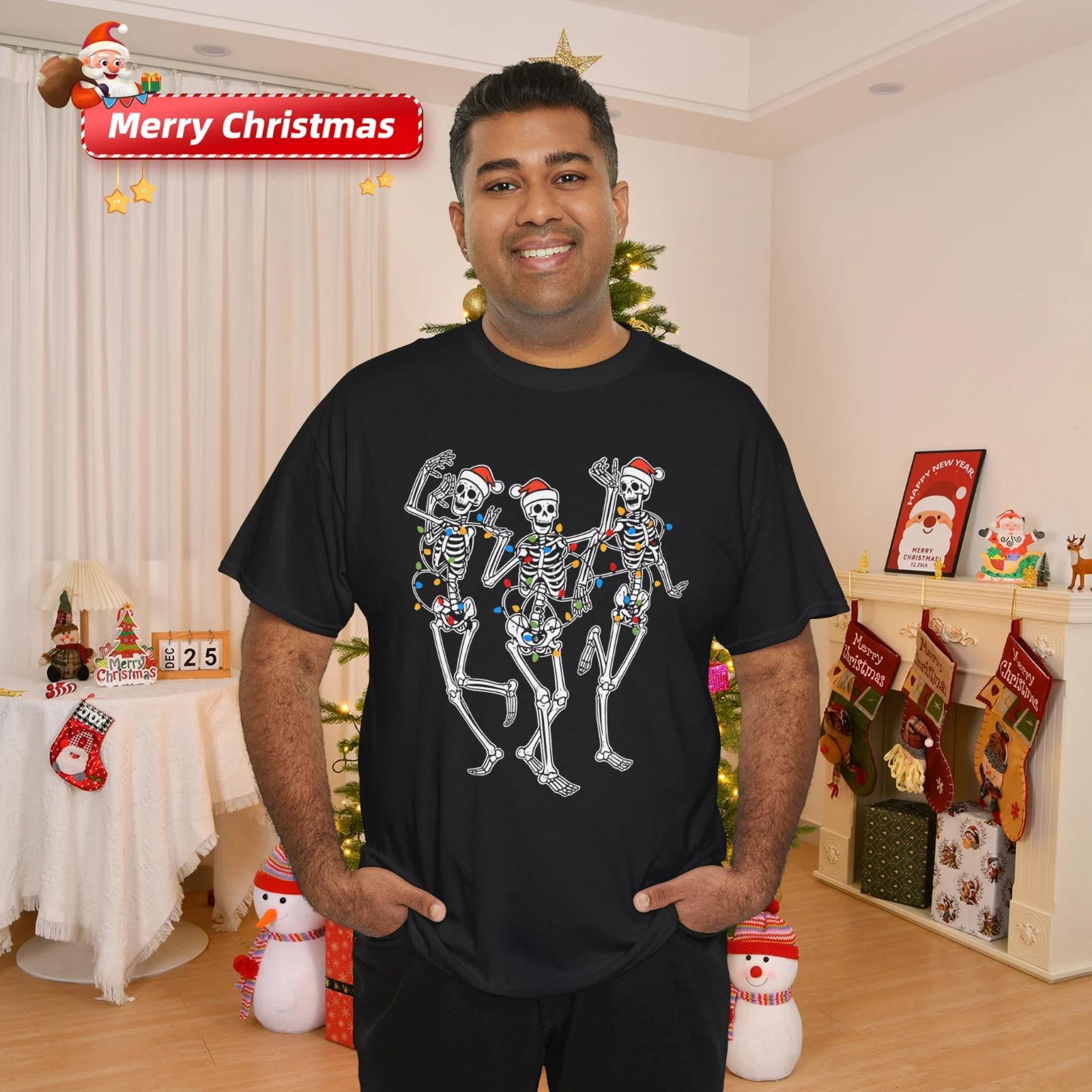 Funny Skeleton Xmas Shirt Dancing Skeletons With Lights Santa Hat Christmas Tee XL