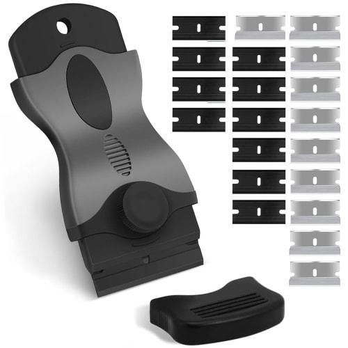 Single-Ended Spade Scraper (10 Plastic Blades, 10 Metal Blades, Safety Scraper) for Glass Stain Removal, Sticker/Label/Adhesive Removal, Stain Removal