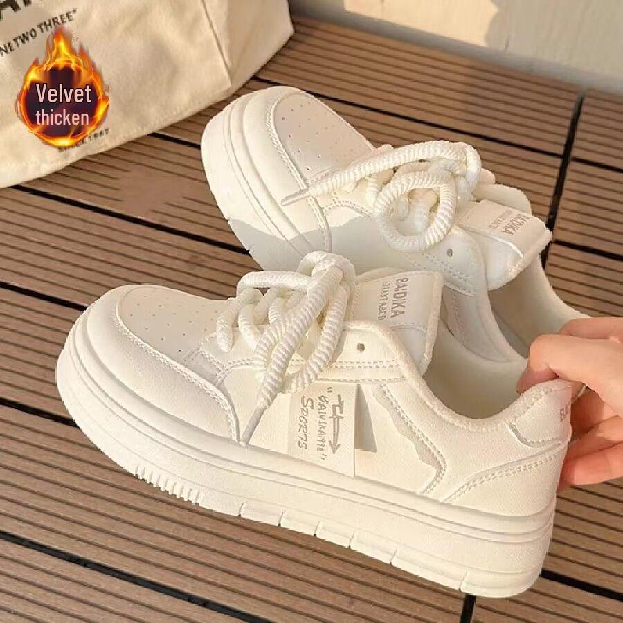 Women's Trendy Velvet-Lined Thick-Soled White Sneakers for Autumn/Winter