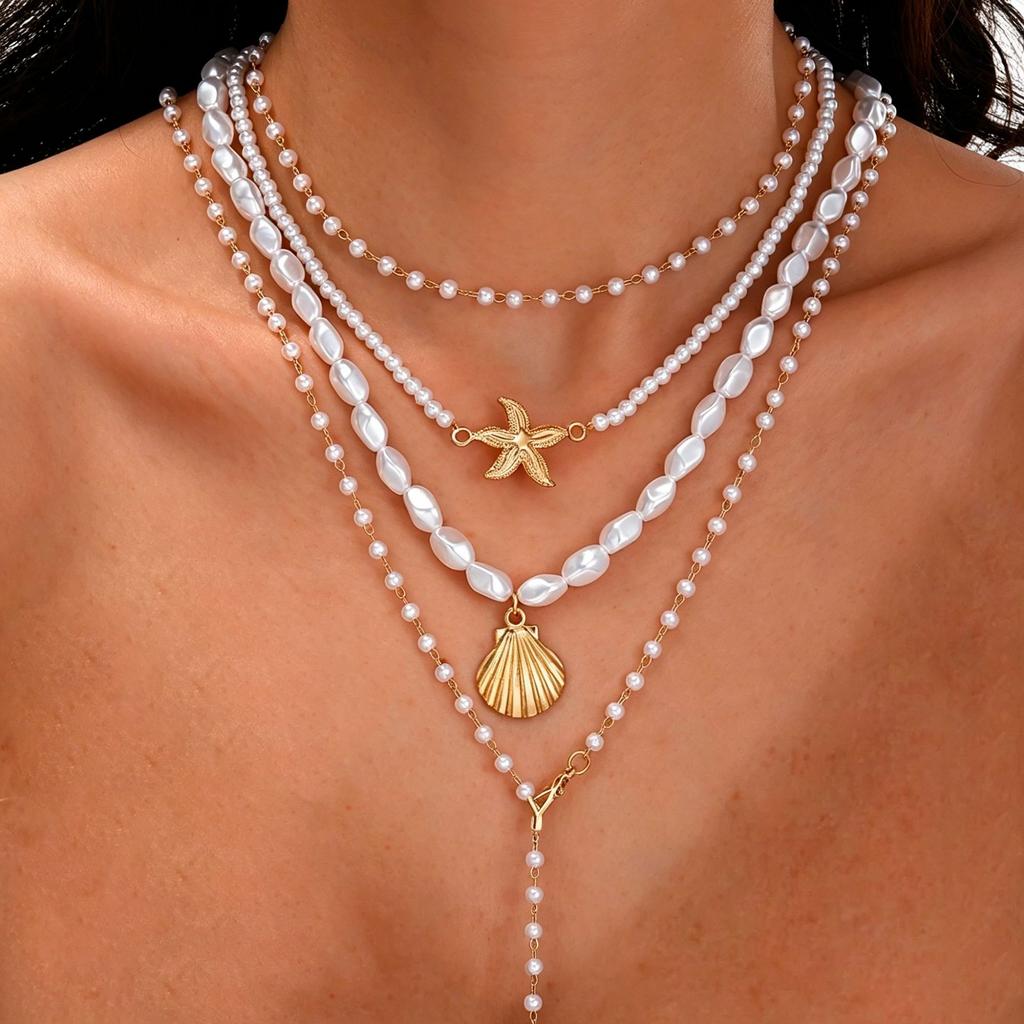 European Ocean Style Faux Pearl Clavicle Chain, Multi-layer Stackable Necklace with Starfish & Shell Pendants