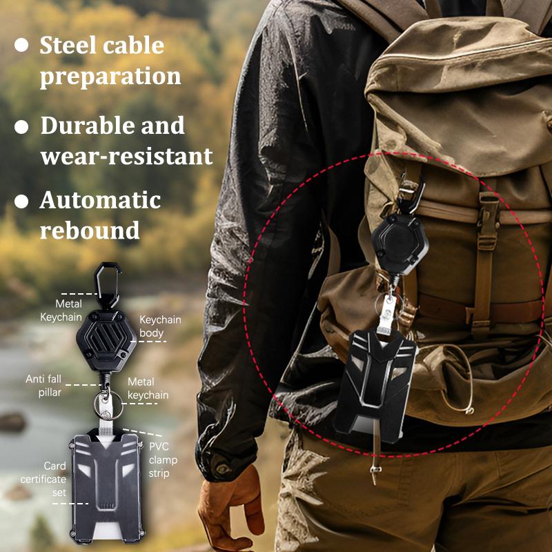 Retractable Badge Holder Heavy Duty Badge Clip Carabiner Keychain ID Card Holder Outdoor Steel Wire Rope Buckle Spring Keyring