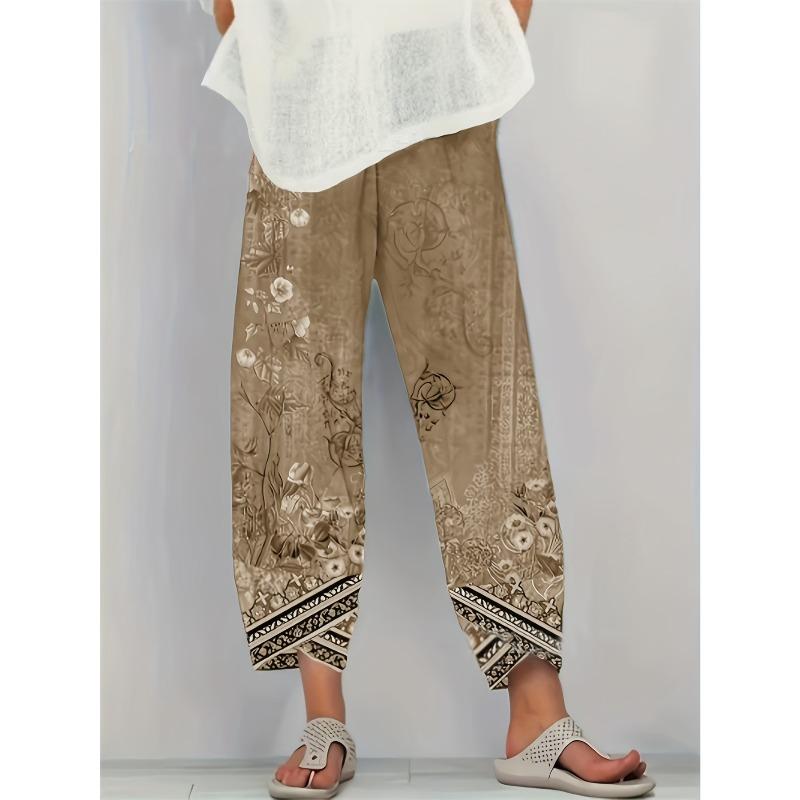 Chic Vintage Floral Capri Pants - Casual and Comfortable with an Elastic Waist and Pockets