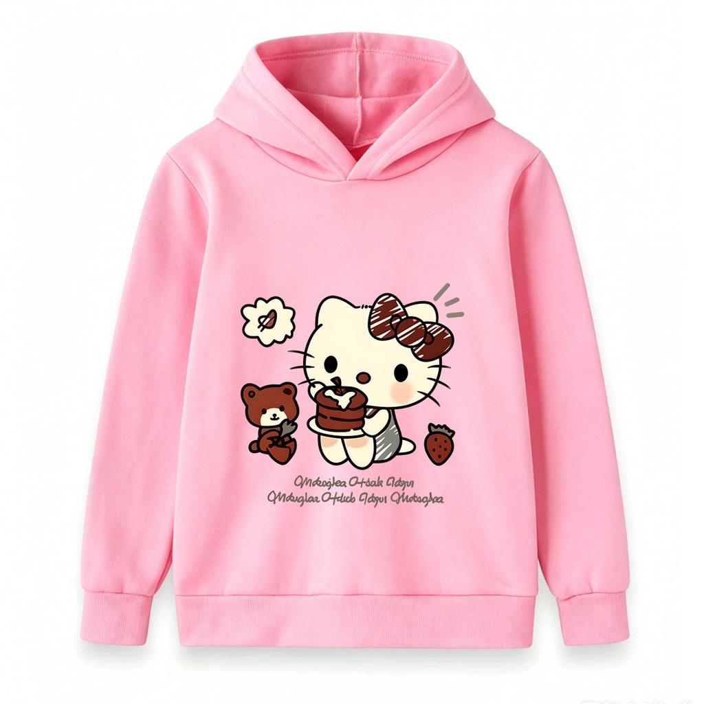 Kids Boys Girls Hooded Pullover Sweatshirt Cute Cartoon Cat Print Chocolate Cake Bear Strawberry Casual Soft Loose Hoodie for Toddlers