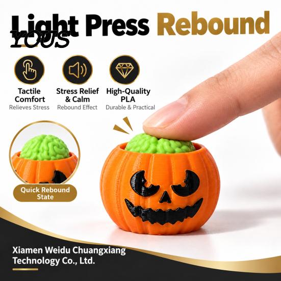 Desktop Plaything Halloween Pumpkin Stress Relief Toy, 3D Printed Sensory Fidget Realistic Gift for Friends Soft Rebound Brain Shape Squeeze