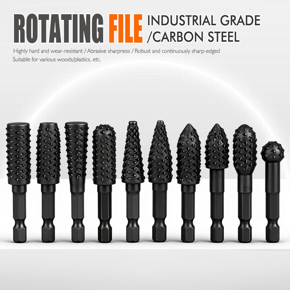 10-Piece Hex Shank Rotary File Set: Steel Files, Woodworking Tools for Sanding, Polishing, Deburring, and Hole Enlargement