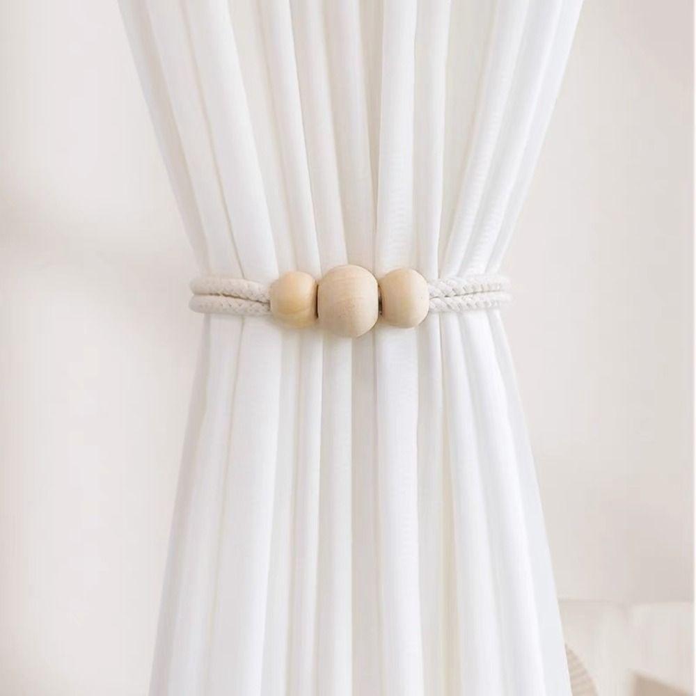 2Pcs Creative Magnetic Curtain Binding Strap Solid Wood Decorative Curtain Tiebacks Woven Curtain Clasp Home Decoration