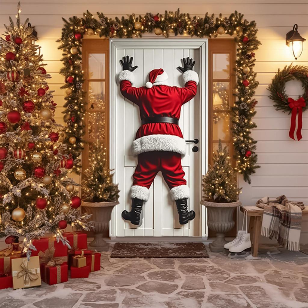 Christmas Door Cover Festive Santa Claus Background Christmas Door Decorations Banner Cover for Indoor Outdoor Home Kitchen