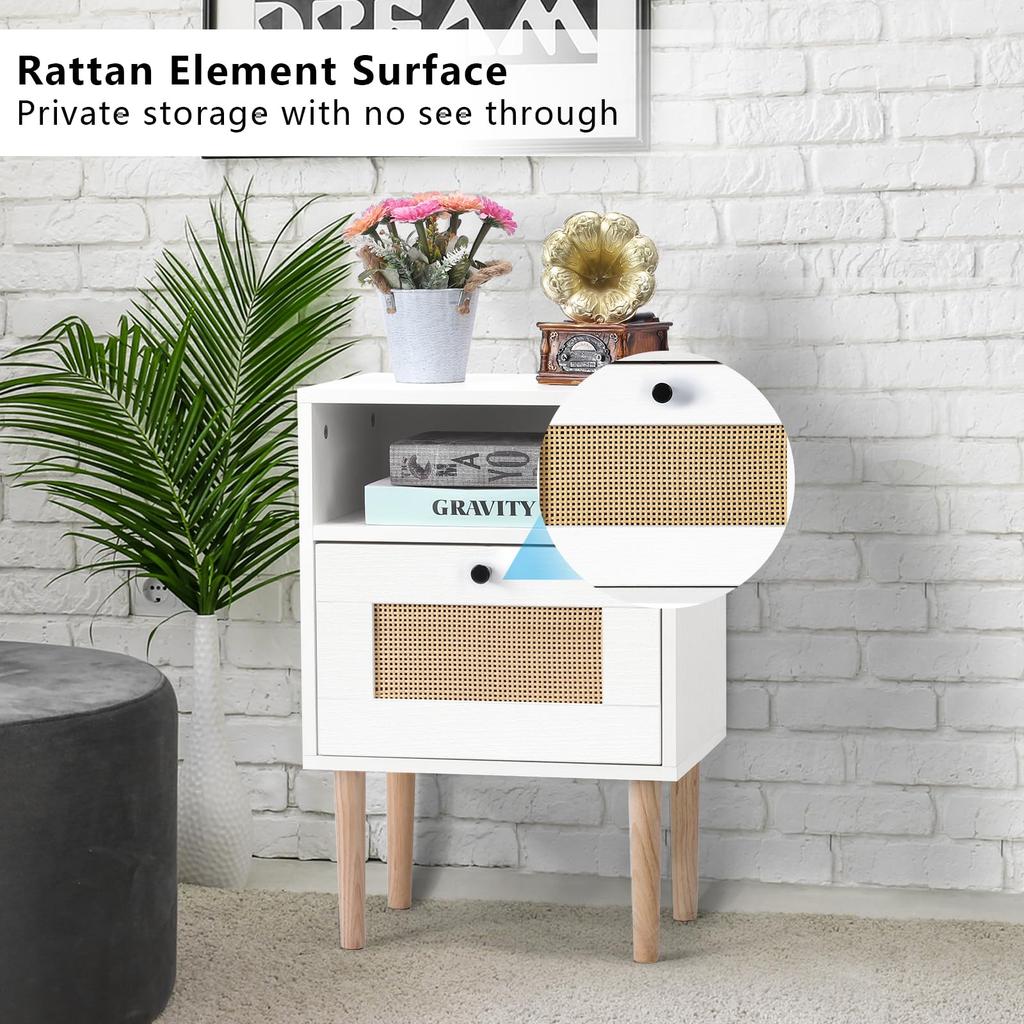 Modern Bedside Table with Rattan Drawer, Bed Side Table with Storage Shelf & Solid Wood Feet, End Table