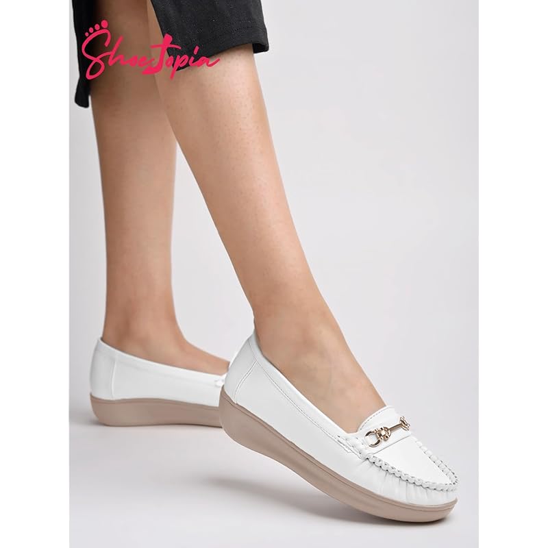 Shoetopia Upper Metalic Buckle Detailed White Loafers For Girls-Eu38 5 UK бронзовый