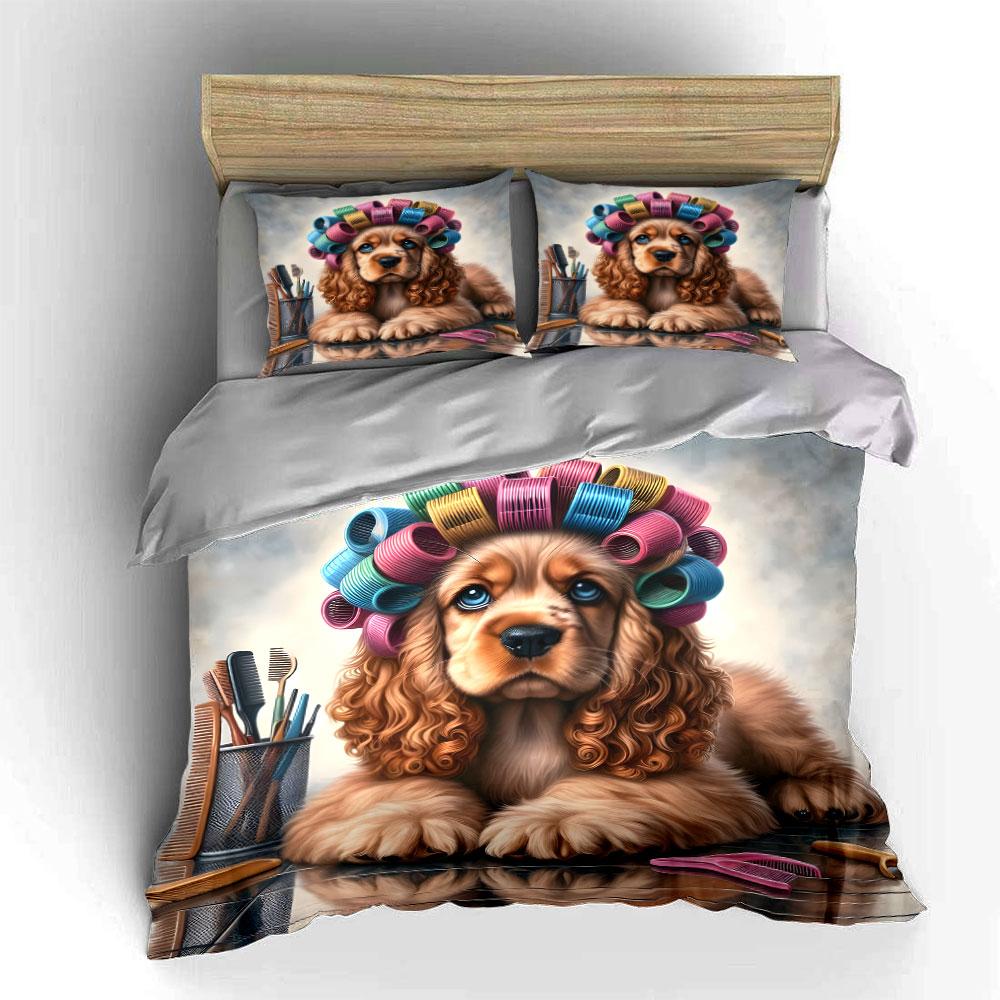 Cute Dog With Curlers Bedding Set For Kids Luxury Gift 3Pcs Digital Print Comforter Set Soft Comfortable Breathable