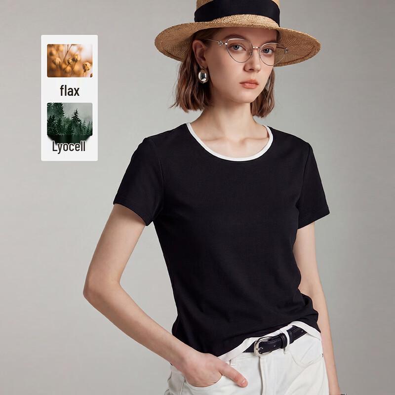 Wudao Women s Faux Two-Piece Round Neck T-Shirt with Linen & Tencel M
