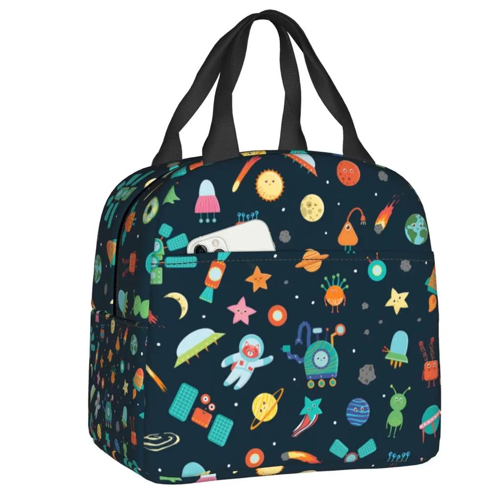 Cartoon Space Planet Rocket Thermal Insulated Lunch Bag Women Astronaut Spaceship Portable Lunch Box for Kids School Food Bags