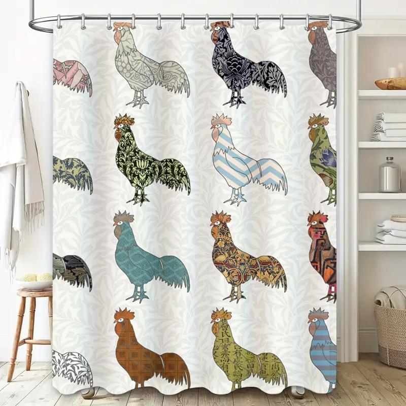 Rustic Farmhouse Decor: Handcrafted Rooster Pattern Shower Curtain For Bathroom Decoration – White Background With Blue, Green,