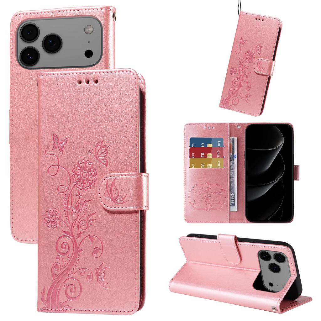 For iPhone 17 Pro Max Leather Case Butterfly Floral Imprint Wallet Stand Cover