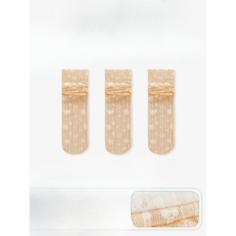 3 Pairs of Women's Summer Thin Lace Flowers In The Tube Pile Socks