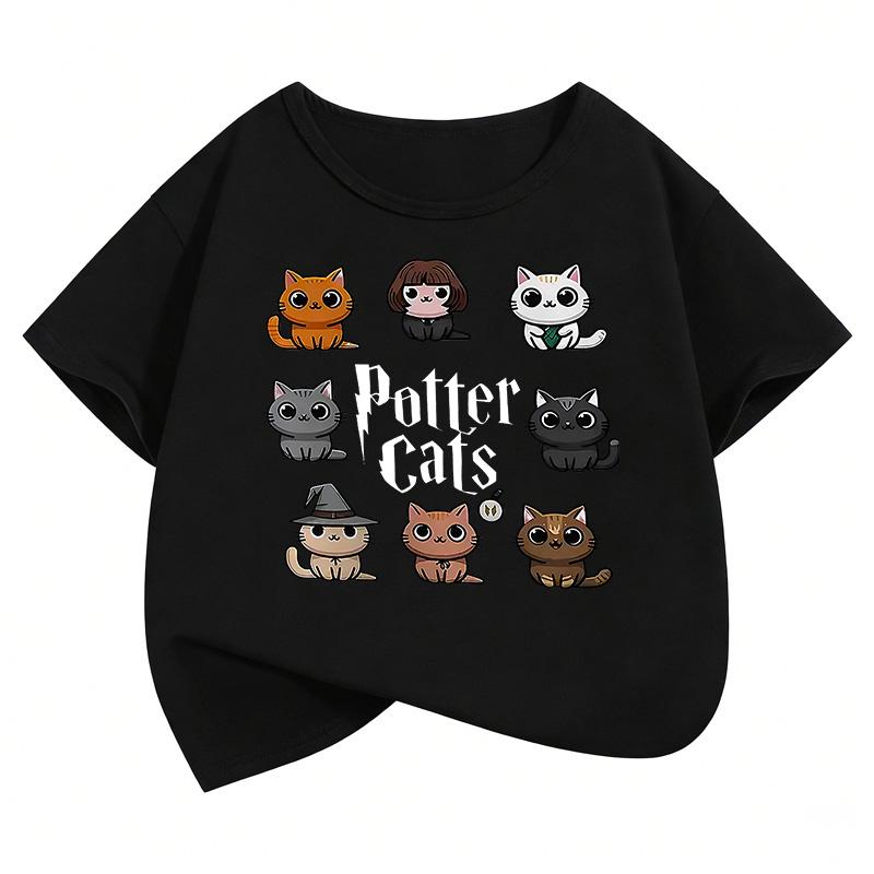 Potter Cat Pattern Children's T-Shirt Summer Short Sleeve Cartoon Animal Clothing for Boys and Girls