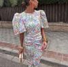 New summer bubble sleeve slim dress European and American fashion pleated dress