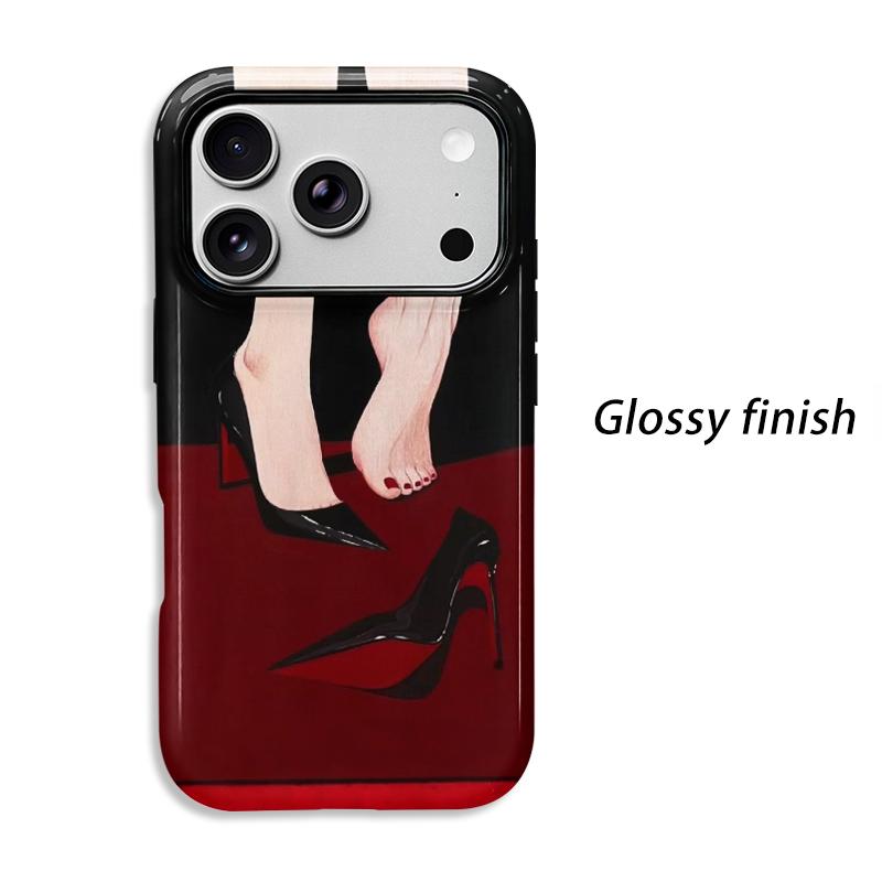 Elegant Minimal Black Red High Heels Stiletto Bare Foot Red Nail Art Film Aesthetic Protective Shockproof Bumper Case For iPhone 14 15 16 Pro Max Plus
