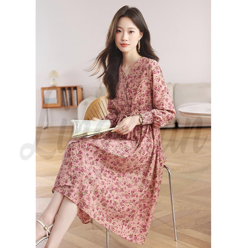 

European Autumn Women s High-End Pink Floral Waist-Cinching Knee-Length Long-Sleeved Dress Small розовый/цветочный