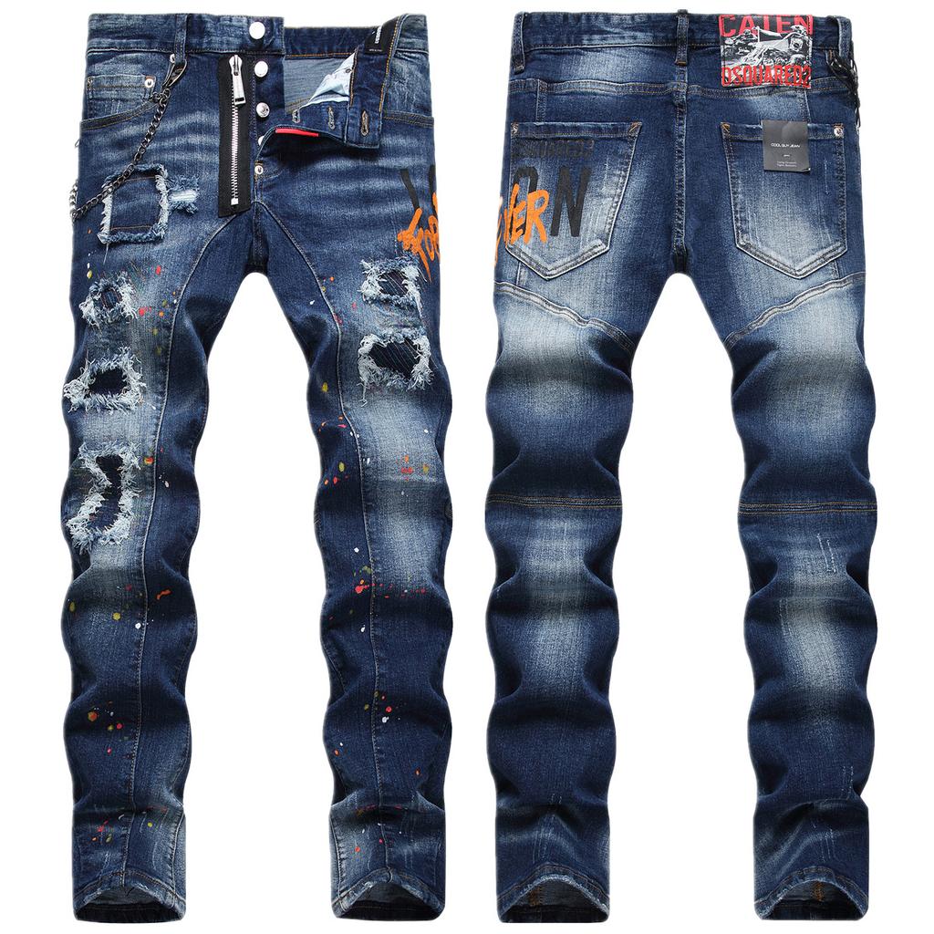 Fashion Brand Hole Patch Color Random Line Printing Small Straight Tube Mid Waist Jeans For Men