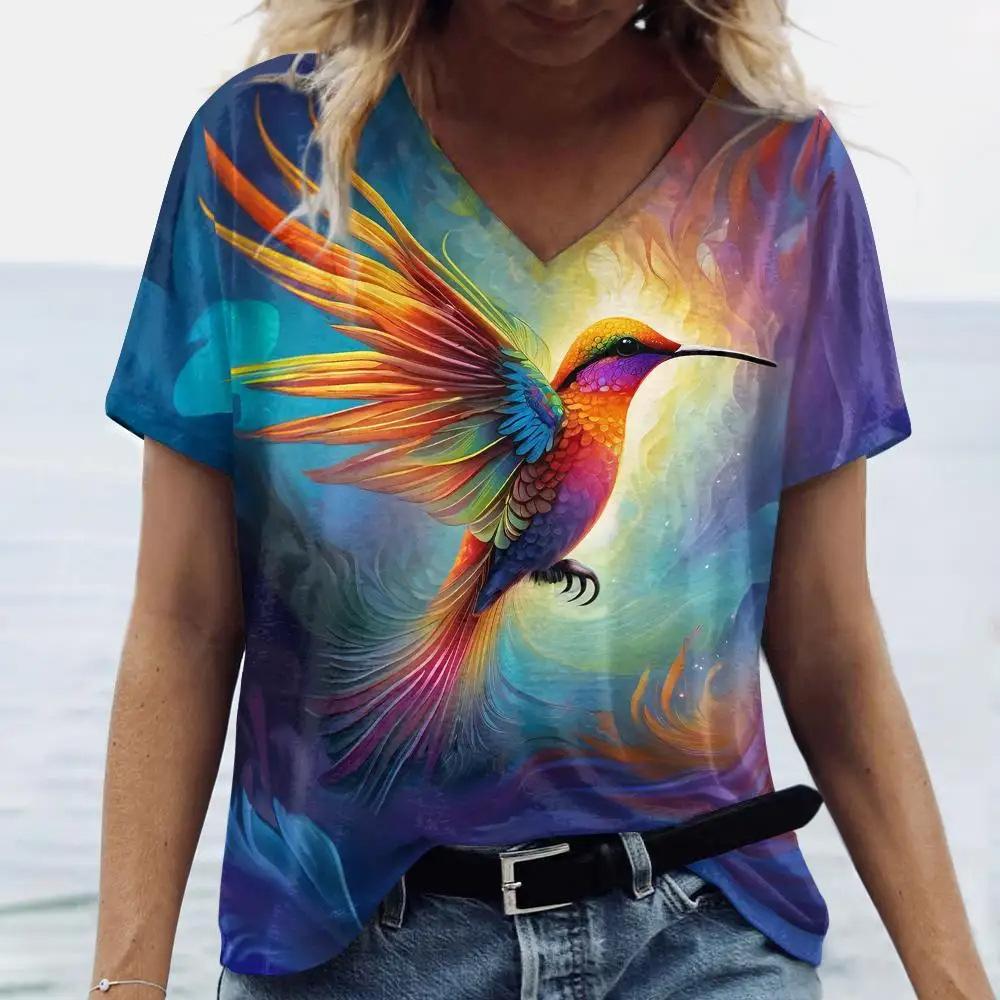 Summer Fashion Bird Parrot 3D Print T-Shirts Women V-Neck Short Sleeve T Shirt Y2k Tops Tees Oversized Harajuku Woman Clothing