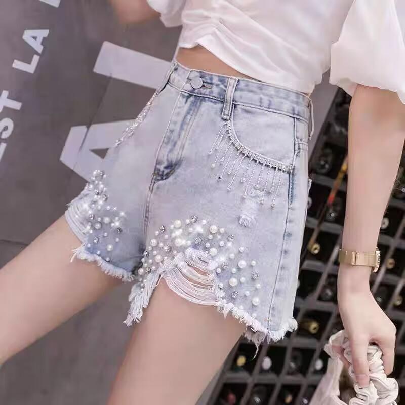 New Summer Women's High Waist Slimming Fashion Craft Diamond Tassel Chain Denim Shorts