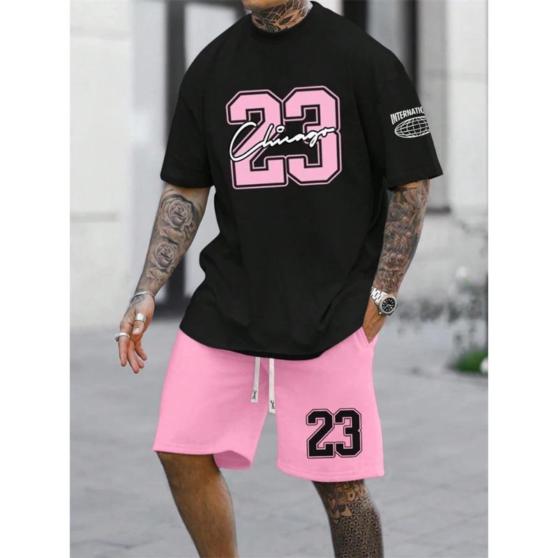 Men's Short Sleeve Shorts 2-Piece Tracksuit Fashion 23 Digital Printed Crewneck T-Shirt and Drawstring Shorts Set