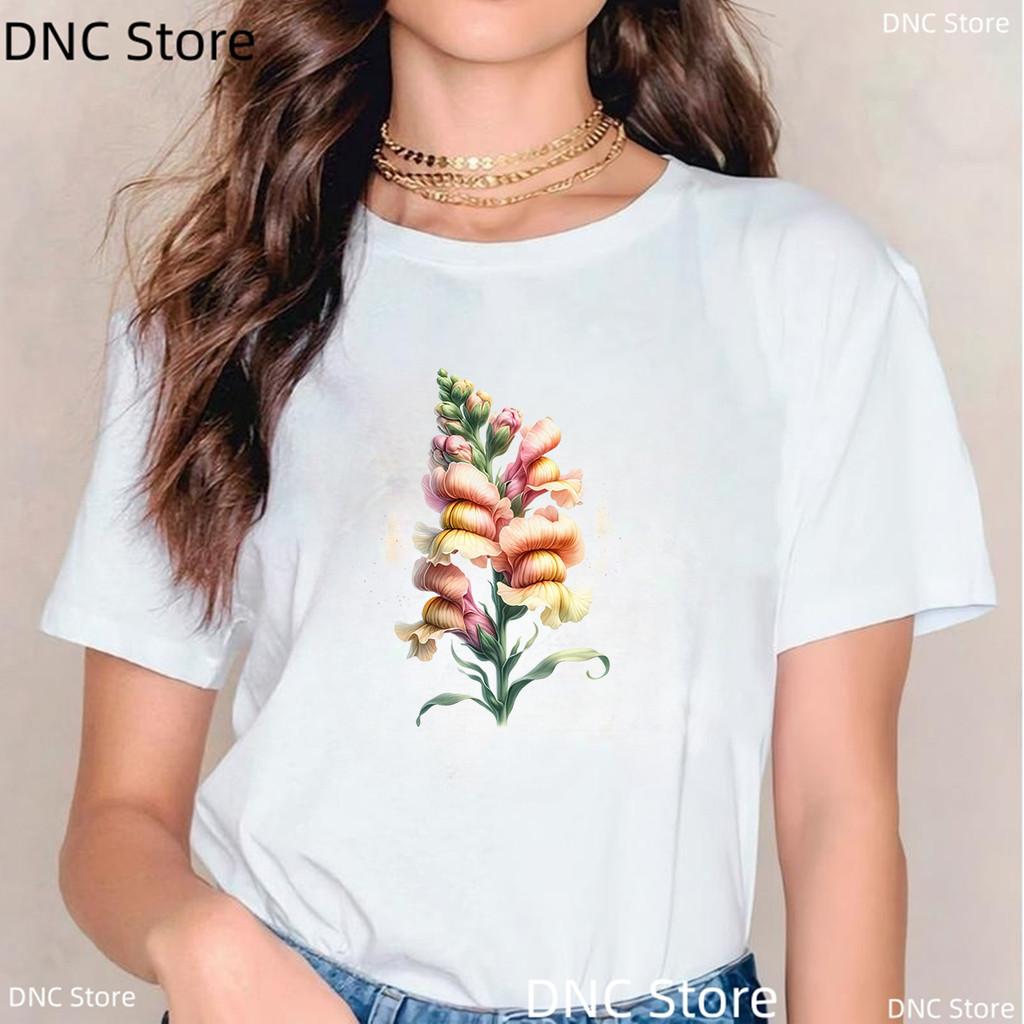 Watercolor Tulip, Lotus Lily Graphic Print T Shirt Women Casual Style Female T-Shirt Summer Fashion 00s Girls Tshirt White Tops