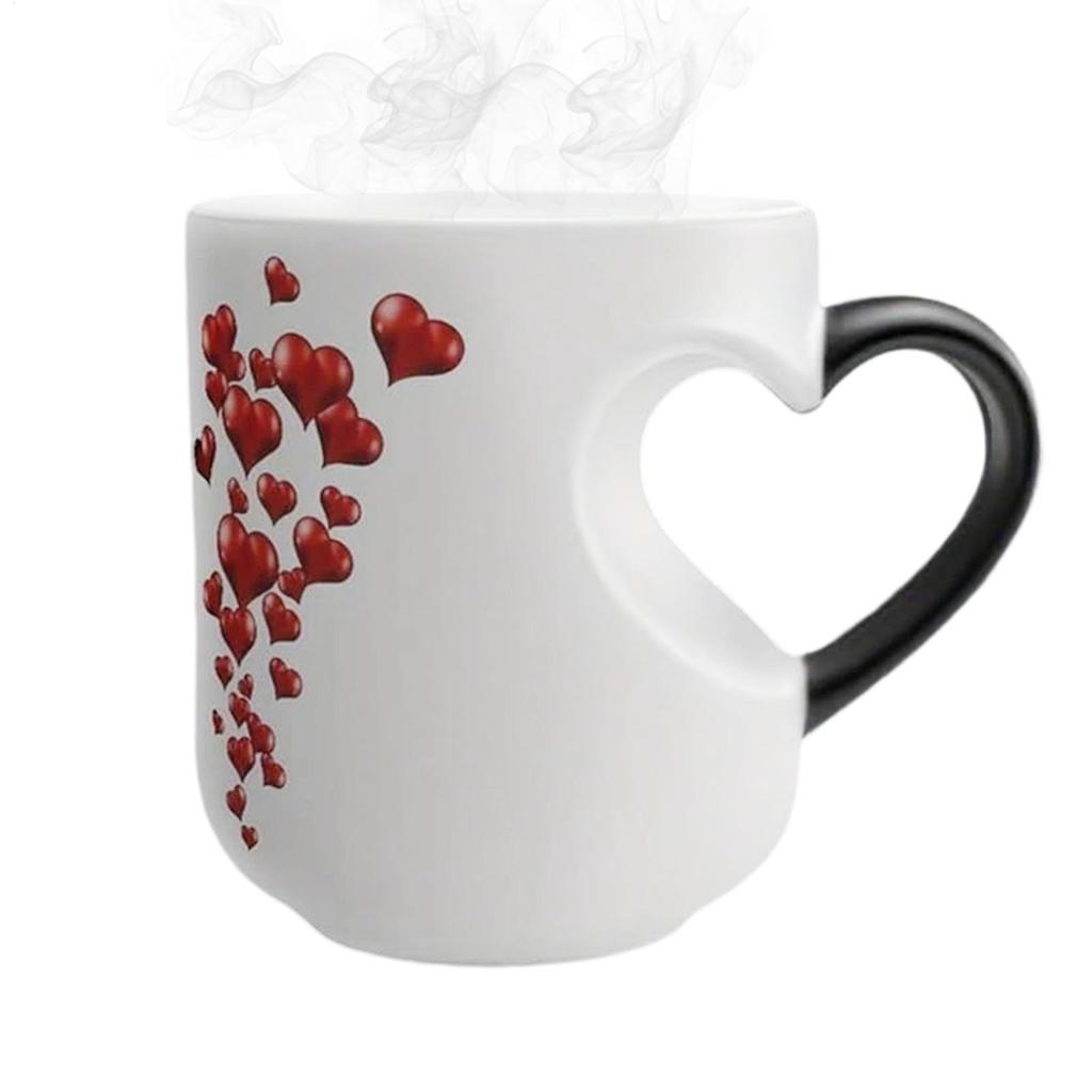 Color Changing Mug 325ml Heart Shape Beverage Container Ceramic Novelty Coffee Mugs with Handle for Couples Home Kitchen Travel