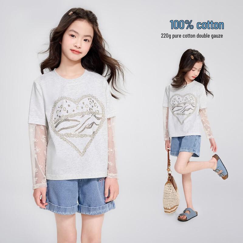 Girls  Rhinestone Heart Lace Sleeve Cotton T-shirt 130
