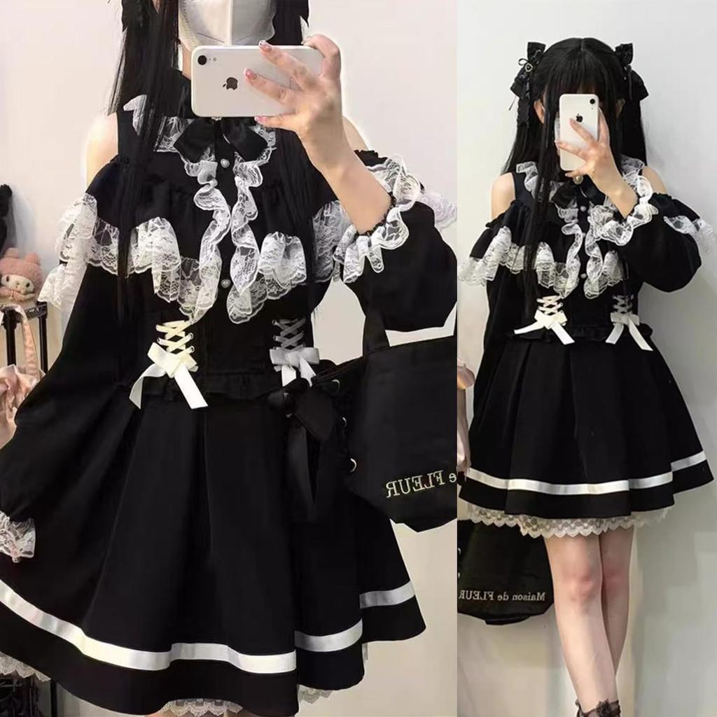 Sivrusn Gothic Lolita Mori Mini Süßes Cosplay Lolita Kleid mit und Harajuku Süßes Halloween Kulturelles Schulgröße M Kleid, Mädchen, Kleid, Gothic-Stil