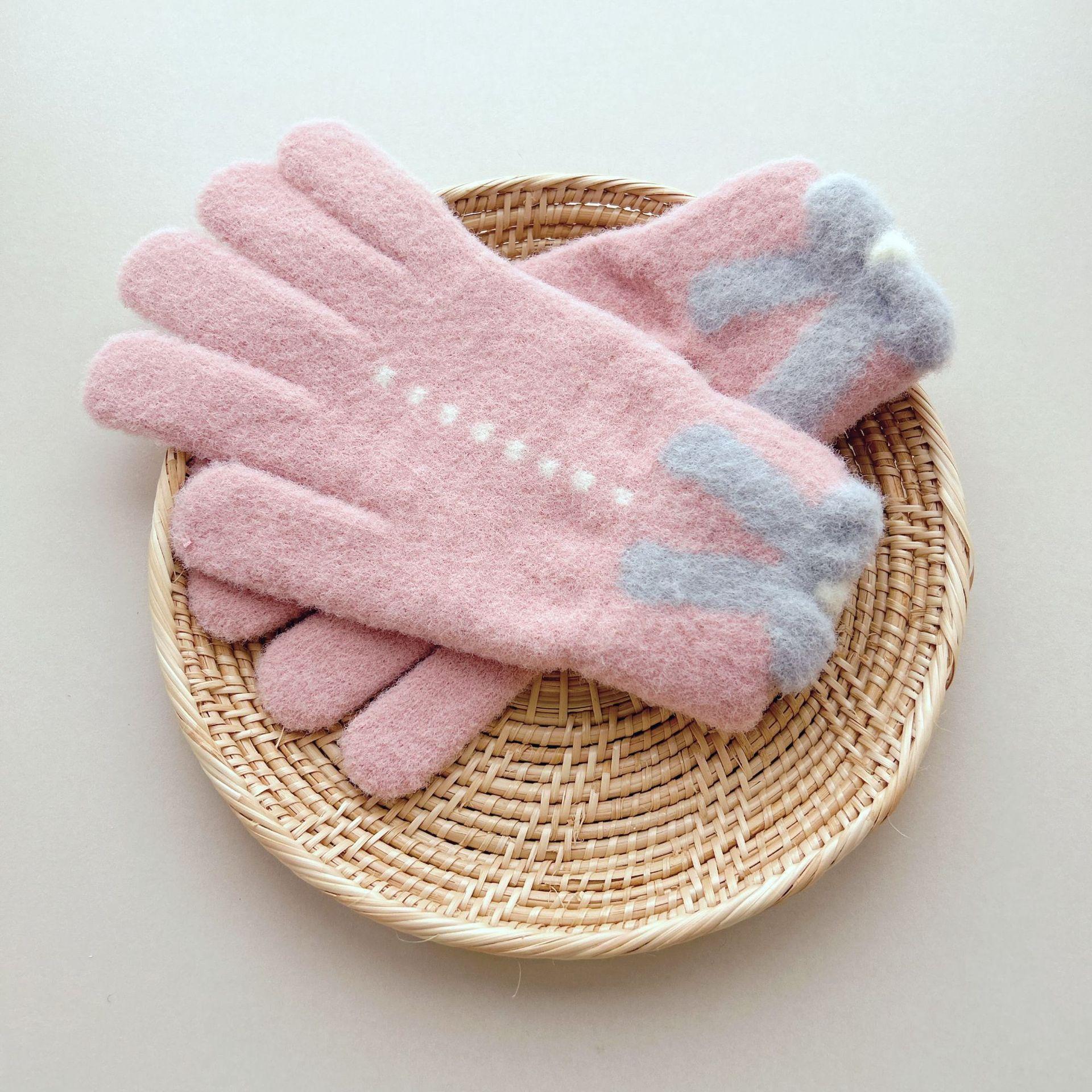 

New Cartoon Bow Korean Style Five Finger Adult Thickened Warm and Cold Proof Winter Full Finger Touch Screen Gloves for Men and Women Cycling One Size